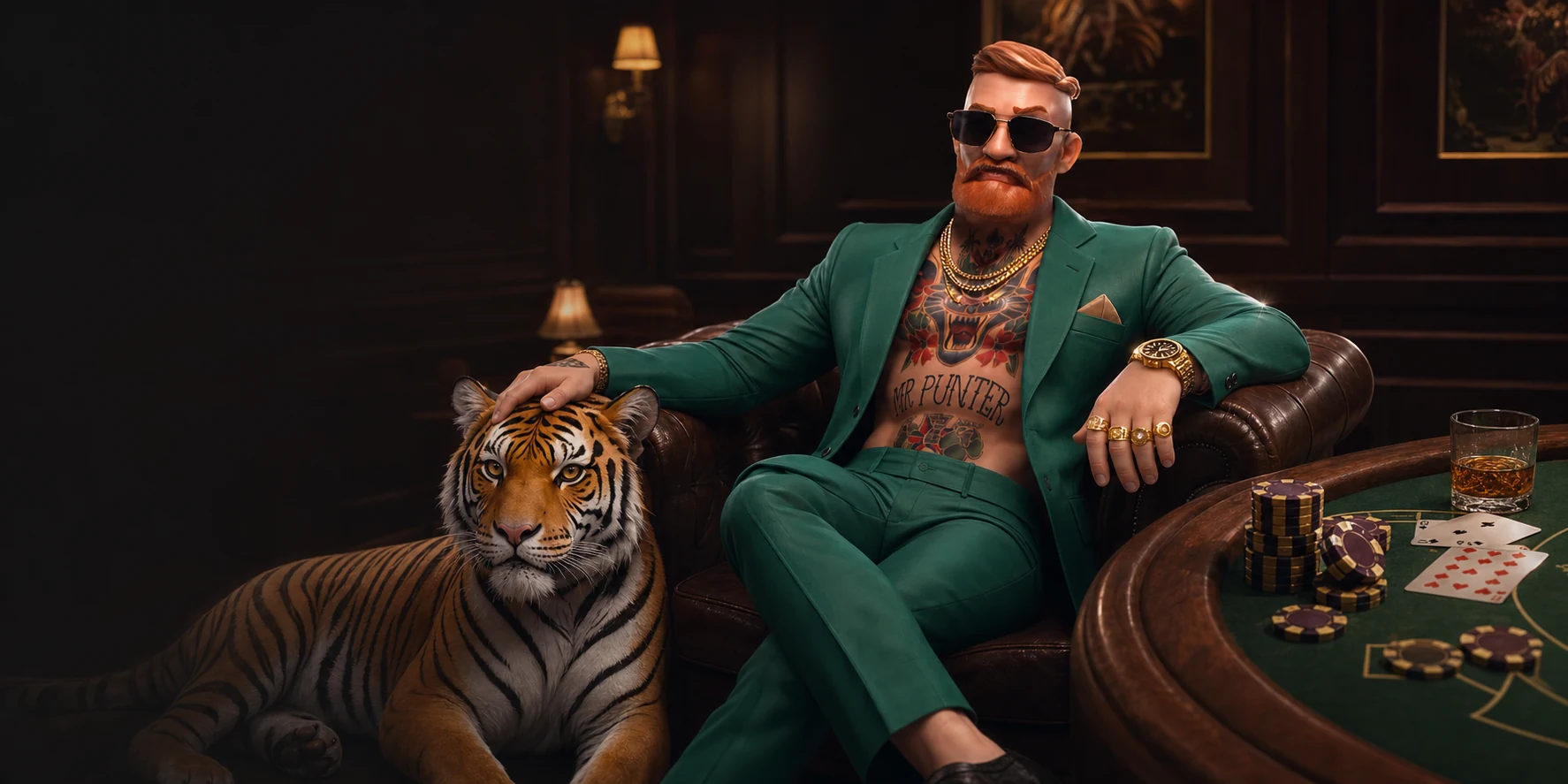 MrPunter-Charakter im grünen Anzug mit Tiger, Spieltisch und Casino-Chips