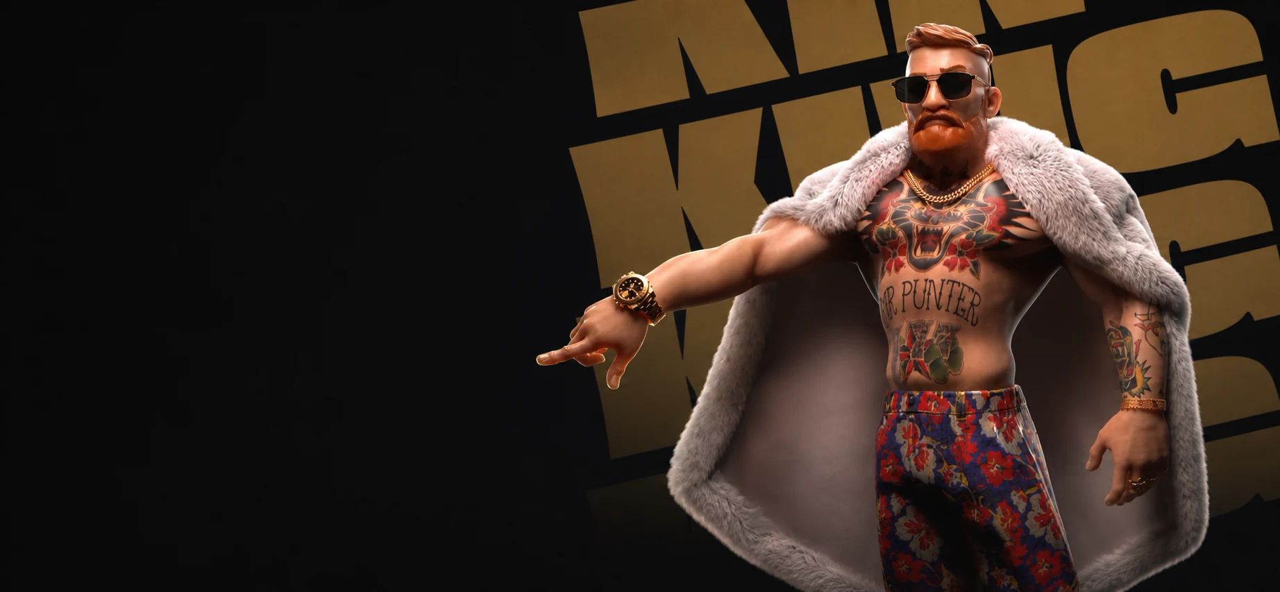 Rothaariger MrPunter-Charakter mit Sonnenbrille, Tattoos und hellem Pelzmantel vor schwarzem und goldenem Hintergrund